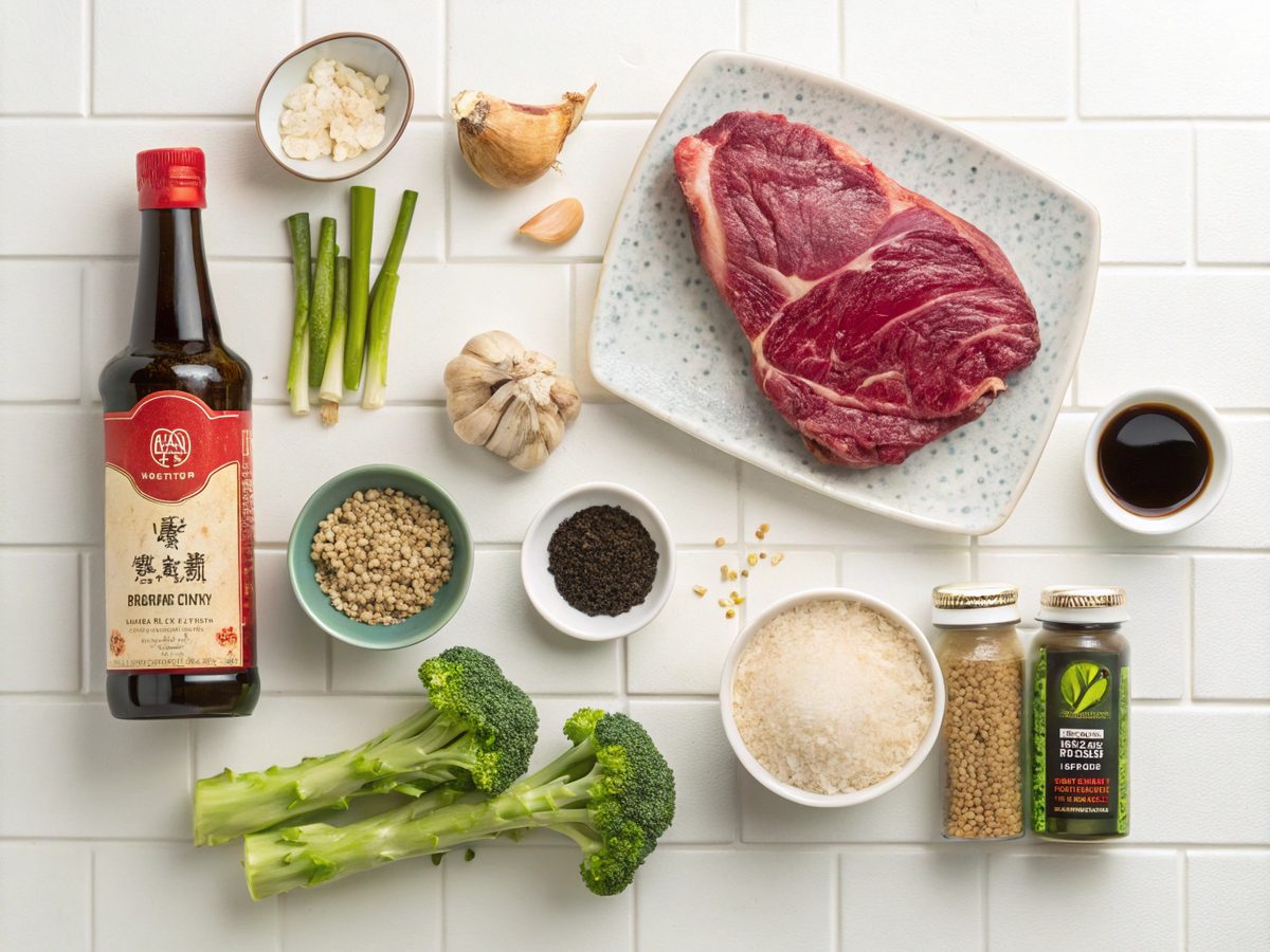 Ingredients for slow cooker Korean beef laid out on a kitchen counter.