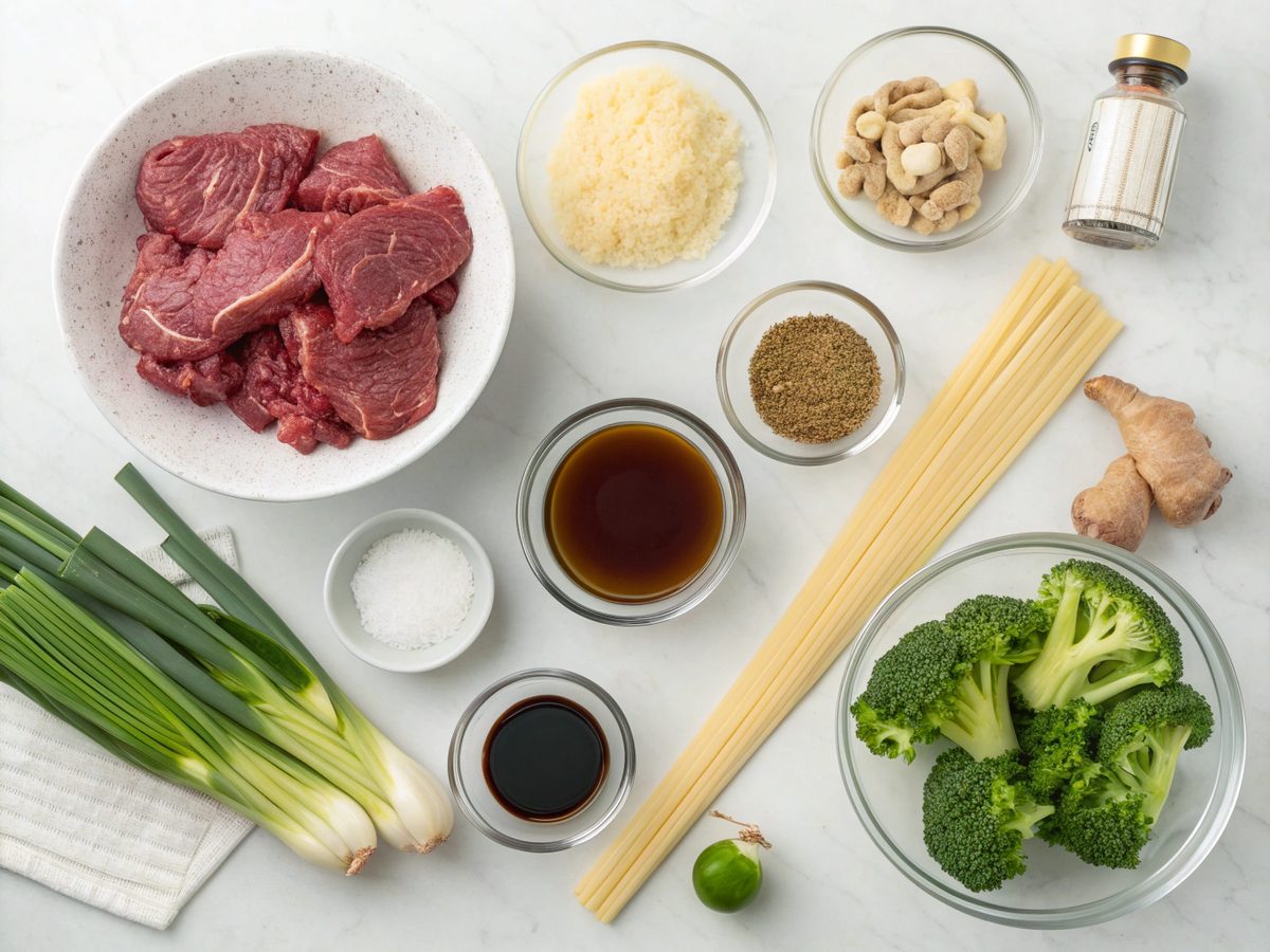 Ingredients for Slow Cooker Korean Beef Noodles laid out step-by-step