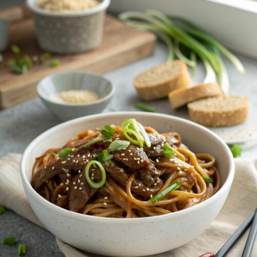Delicious Slow Cooker Korean Beef Noodles served in a bowl with garnish
