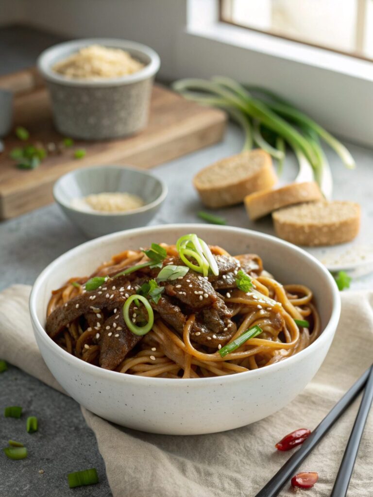 Delicious Slow Cooker Korean Beef Noodles served in a bowl with garnish