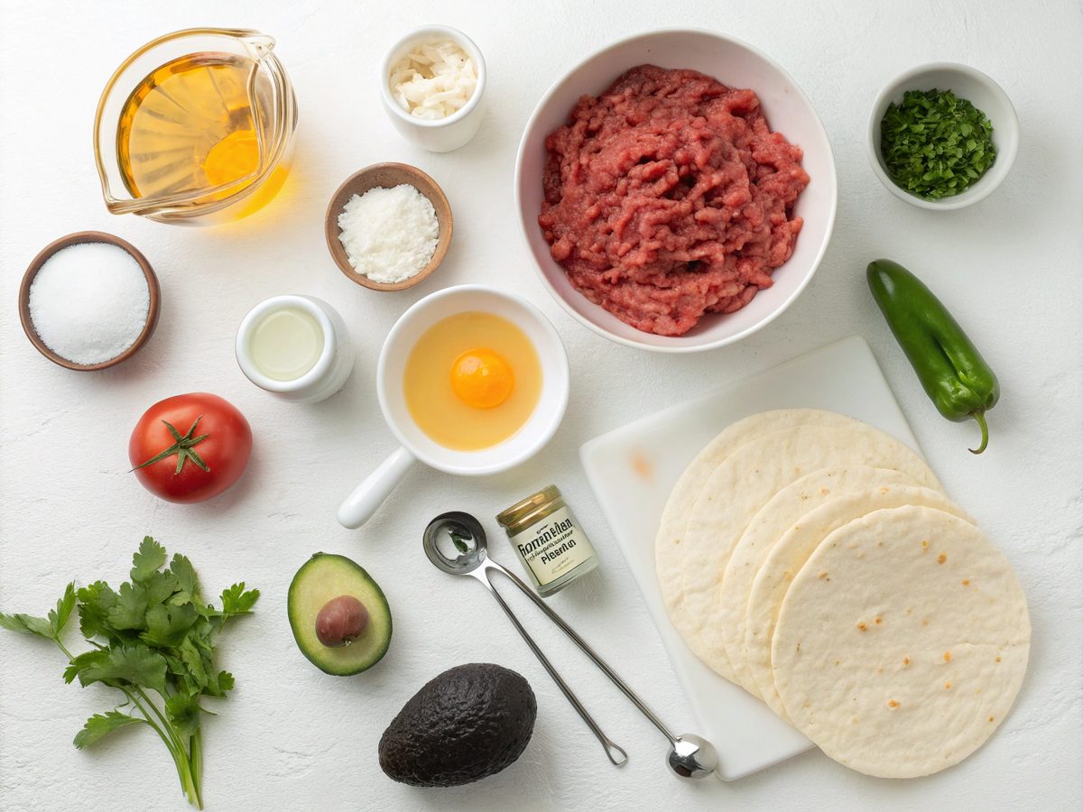 Flat lay of Ingredients for Smashburger Quesadillas including beef, cheese, and tortillas.