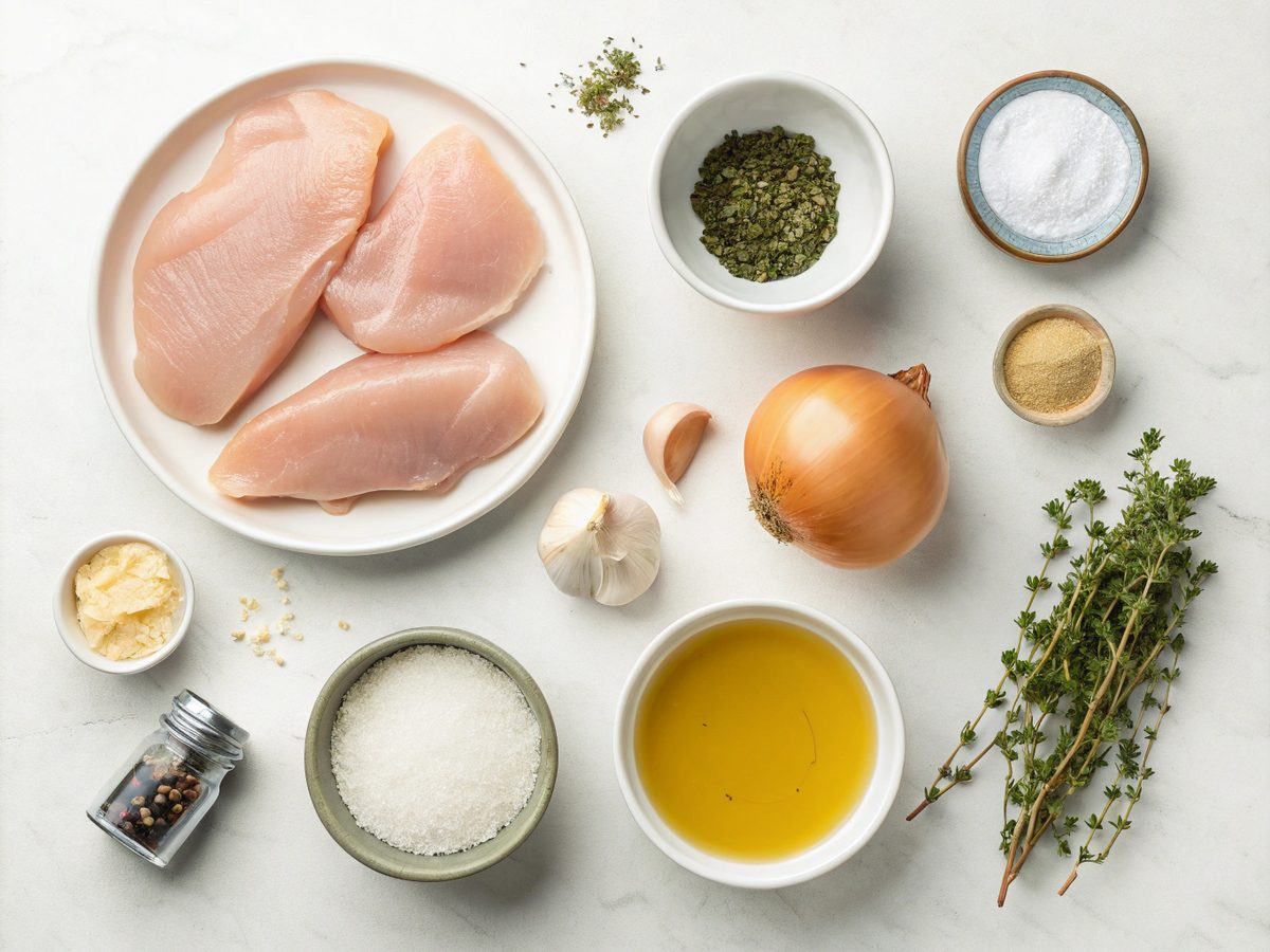 Flat lay of smothered chicken recipe ingredients on a kitchen counter
