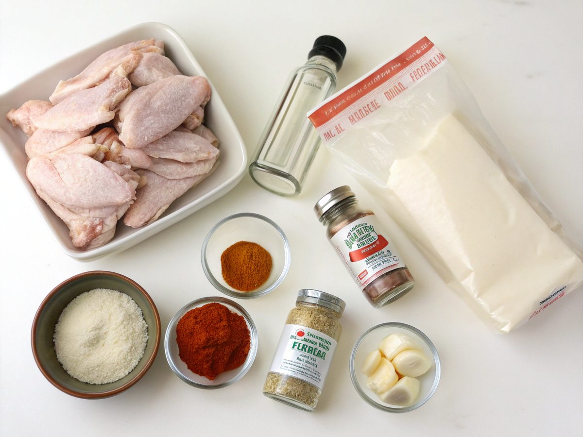 Ingredients for preparing Southern Fried Chicken Wings.