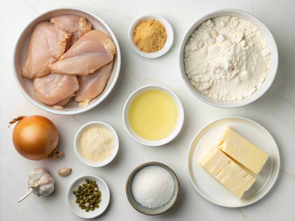 Ingredients for Southern Smothered Chicken Recipe, displayed in a flat lay.