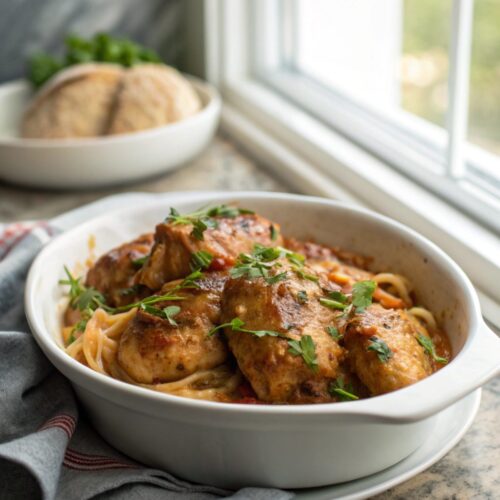 A beautifully plated Southern smothered chicken, garnished with parsley.