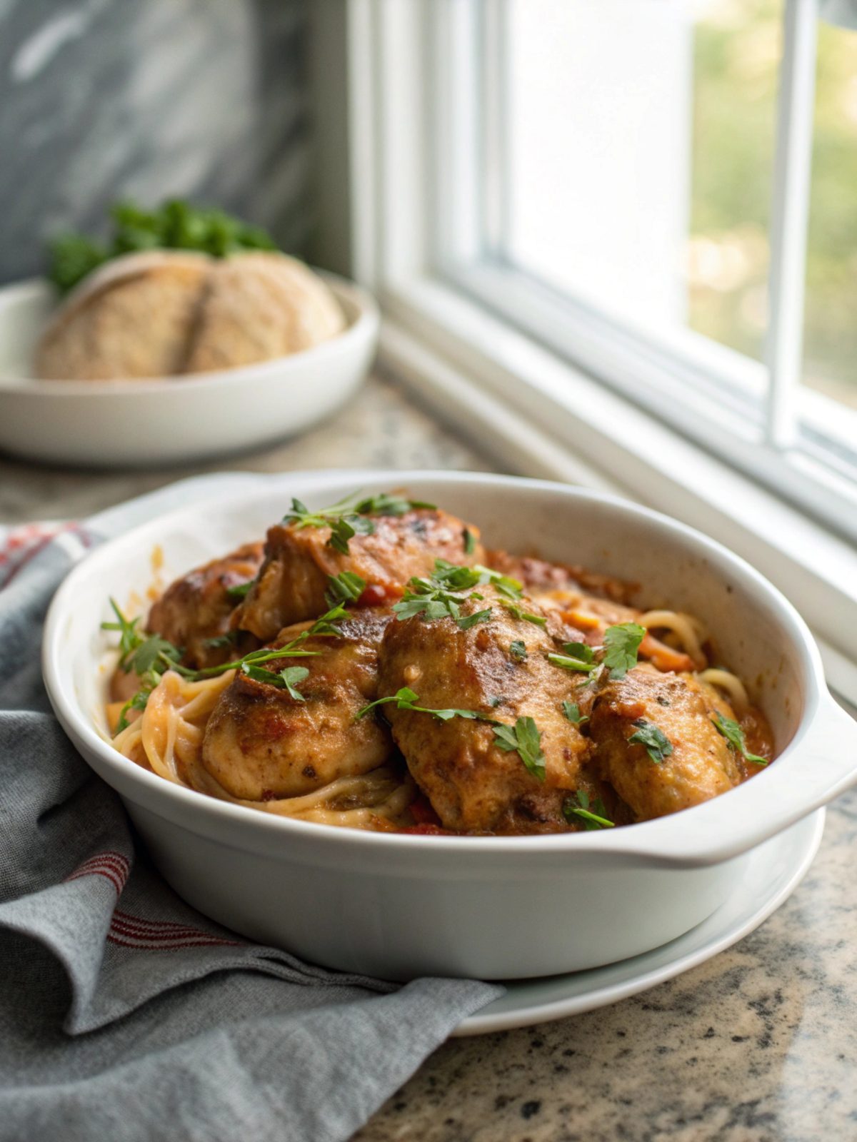 A beautifully plated Southern smothered chicken, garnished with parsley.