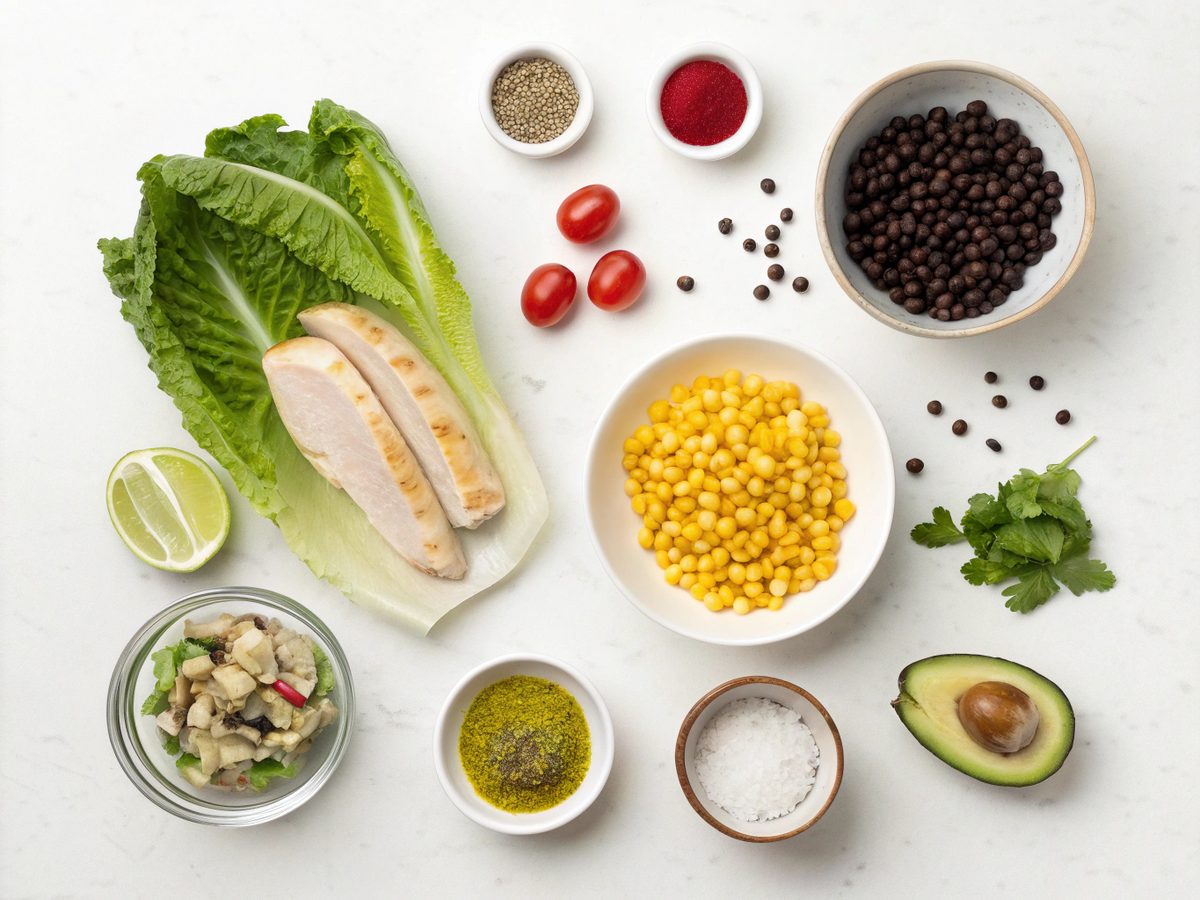 Image of ingredients for Southwest Chicken Salad, including romaine, chicken, and avocado.