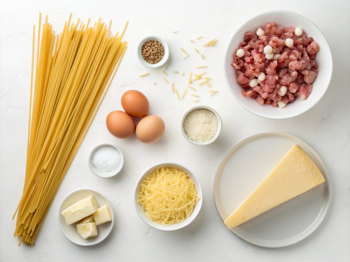 Ingredients for making Spaghetti Carbonara including pasta, cheese, and pancetta.