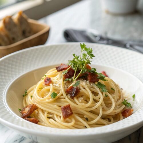 Deliciously presented plate of Spaghetti Carbonara with garnishes.
