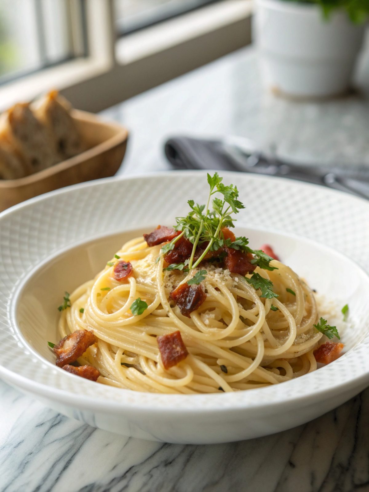 Deliciously presented plate of Spaghetti Carbonara with garnishes.