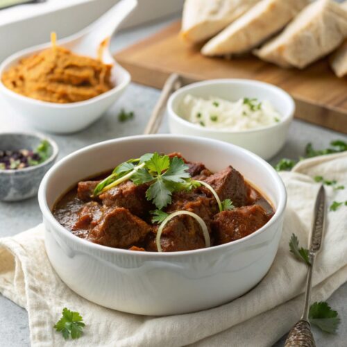 A delightful display of beef vindaloo, highlighting its rich colors and textures.