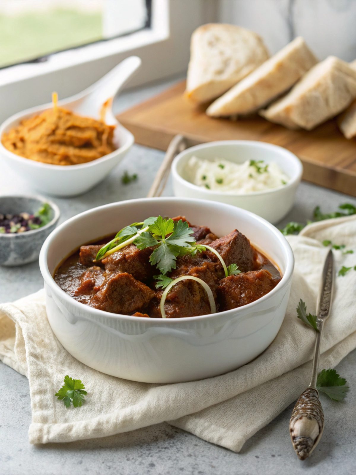 A delightful display of beef vindaloo, highlighting its rich colors and textures.