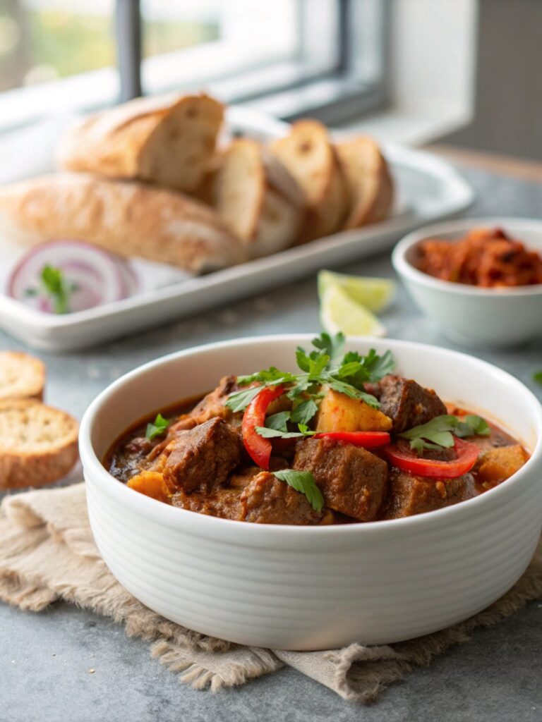 Featured image of the Spicy Beef Vindaloo Recipe served in a bowl.