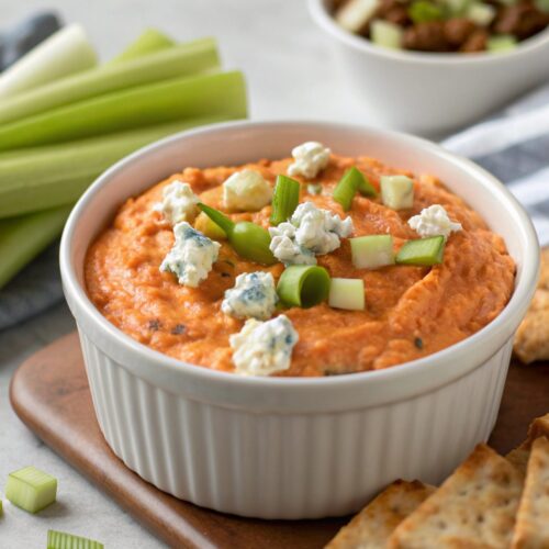 A vibrant serving of spicy buffalo chicken dip showcasing its creamy texture.