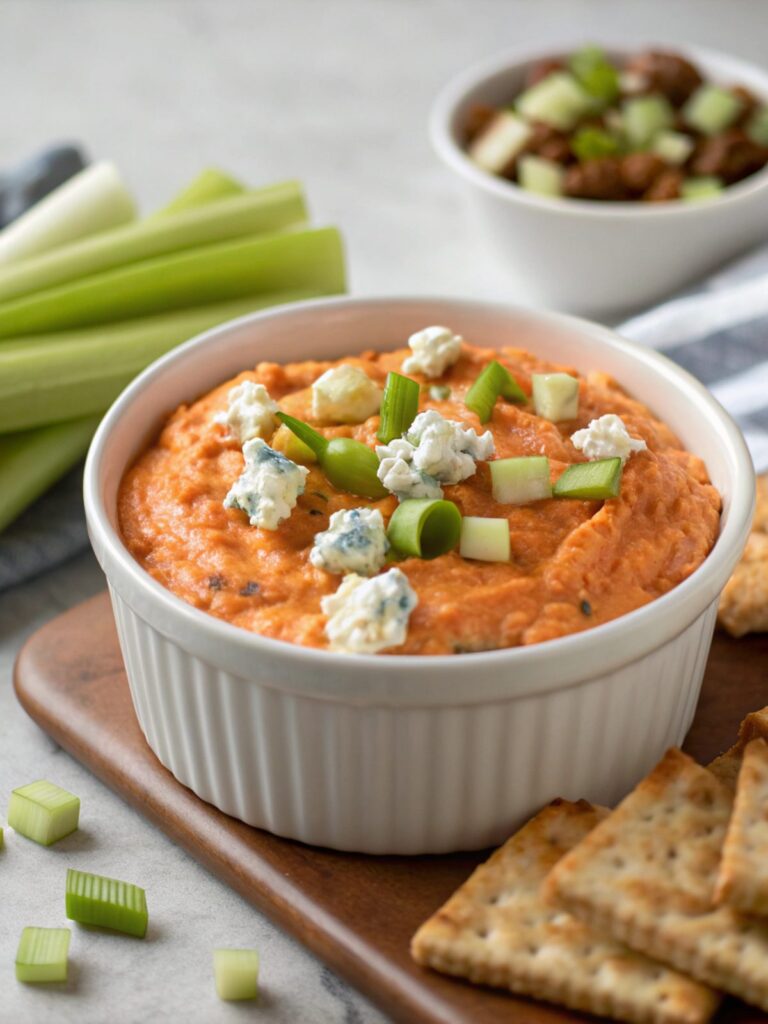A vibrant serving of spicy buffalo chicken dip showcasing its creamy texture.