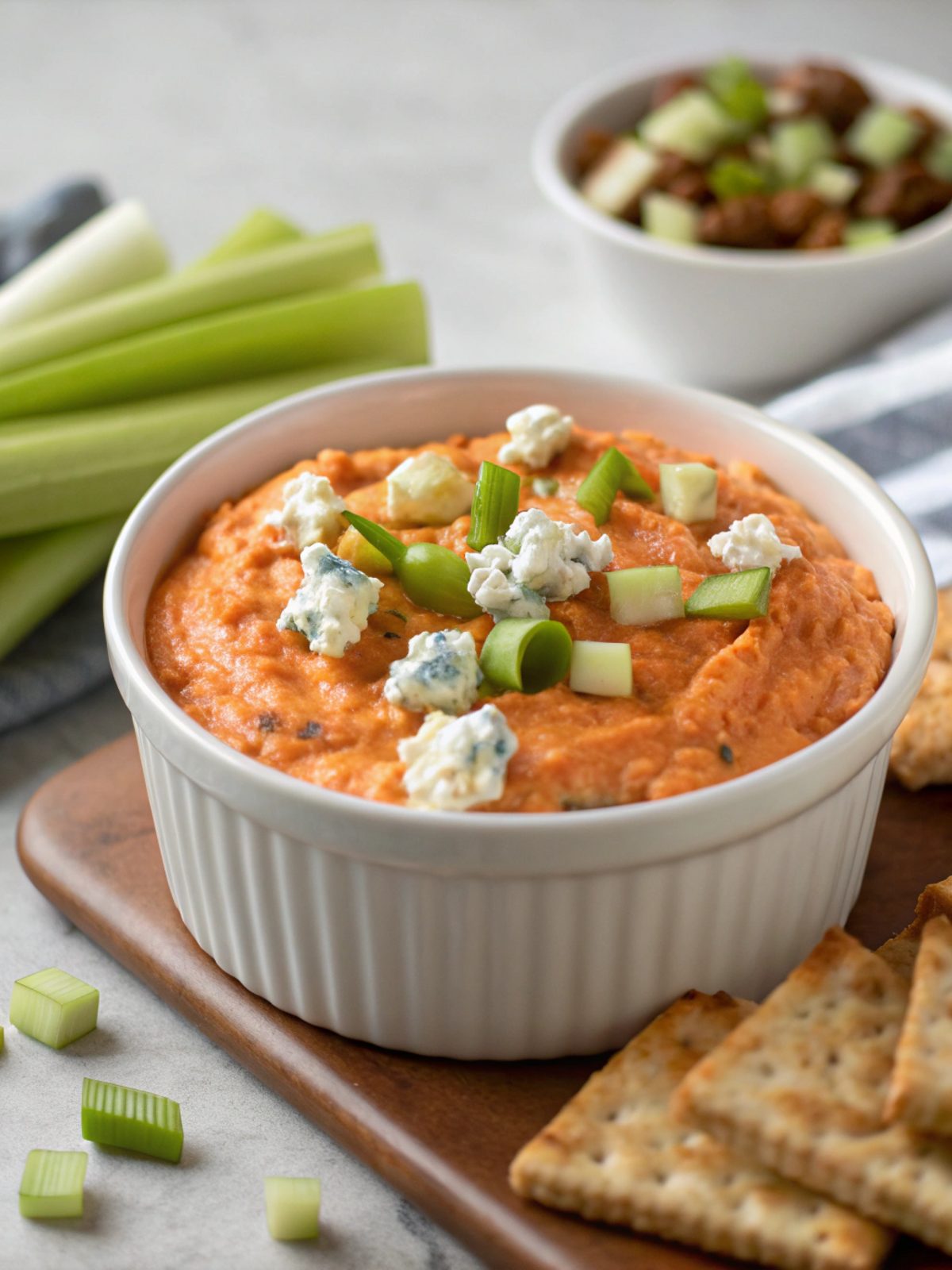 A vibrant serving of spicy buffalo chicken dip showcasing its creamy texture.