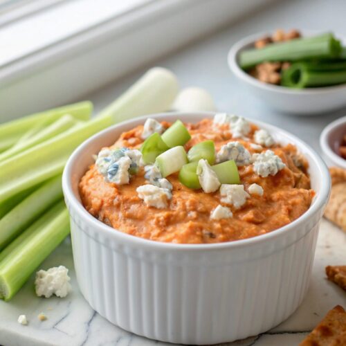 Spicy Buffalo Chicken Dip served deliciously ready