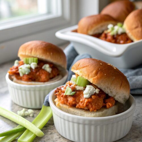 A mouthwatering close-up of spicy buffalo chicken sliders, showing delicious details.