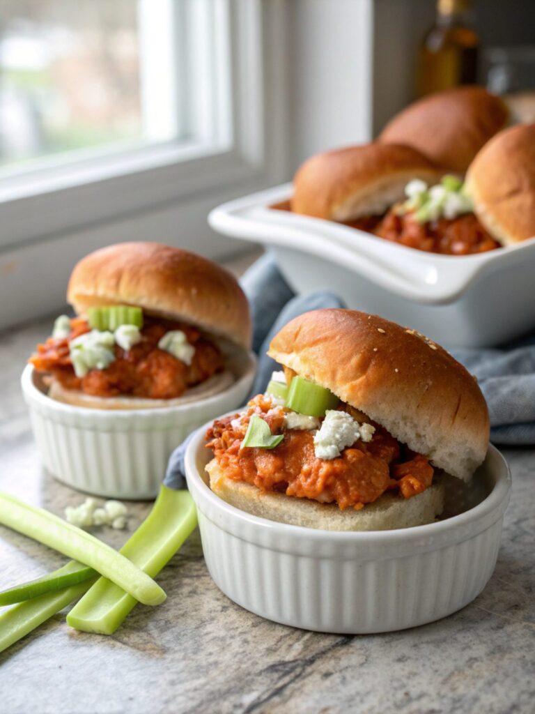 A mouthwatering close-up of spicy buffalo chicken sliders, showing delicious details.
