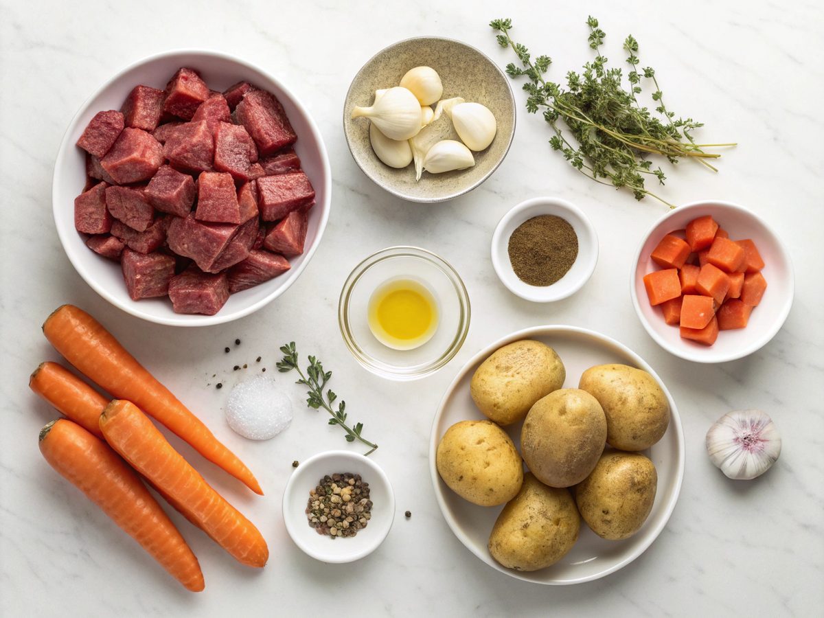 Ingredients for making hearty stew meat recipes including meat and vegetables.