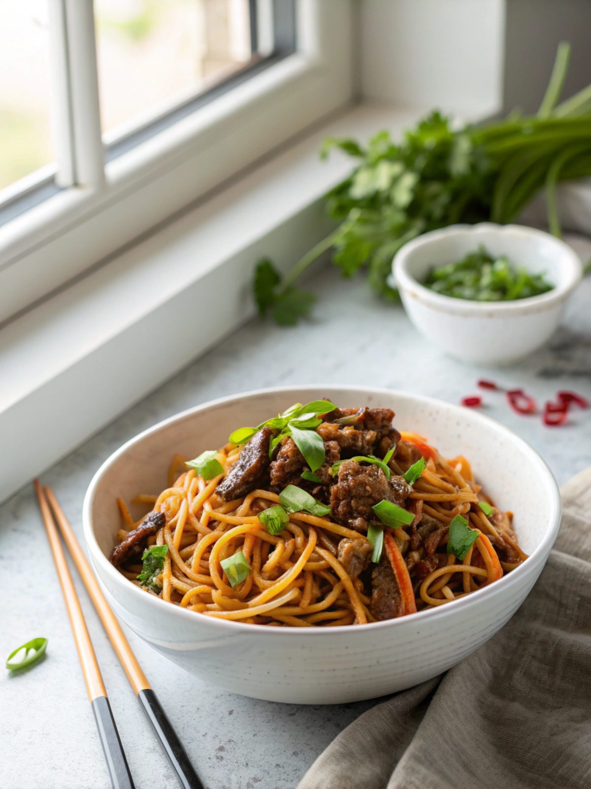 SEO-friendly alt text describing the featured image, including the sticky beef noodles recipe