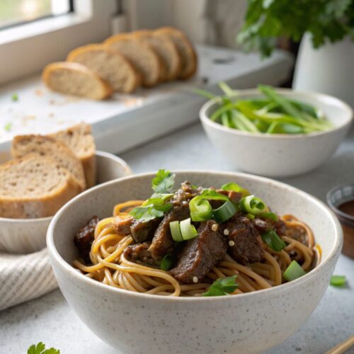 Sticky beef noodles with garnishes served in a ceramic bowl