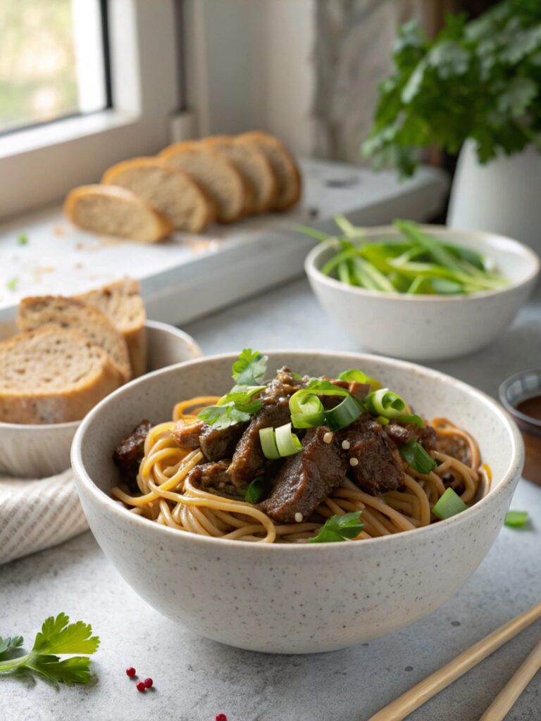Sticky beef noodles with garnishes served in a ceramic bowl