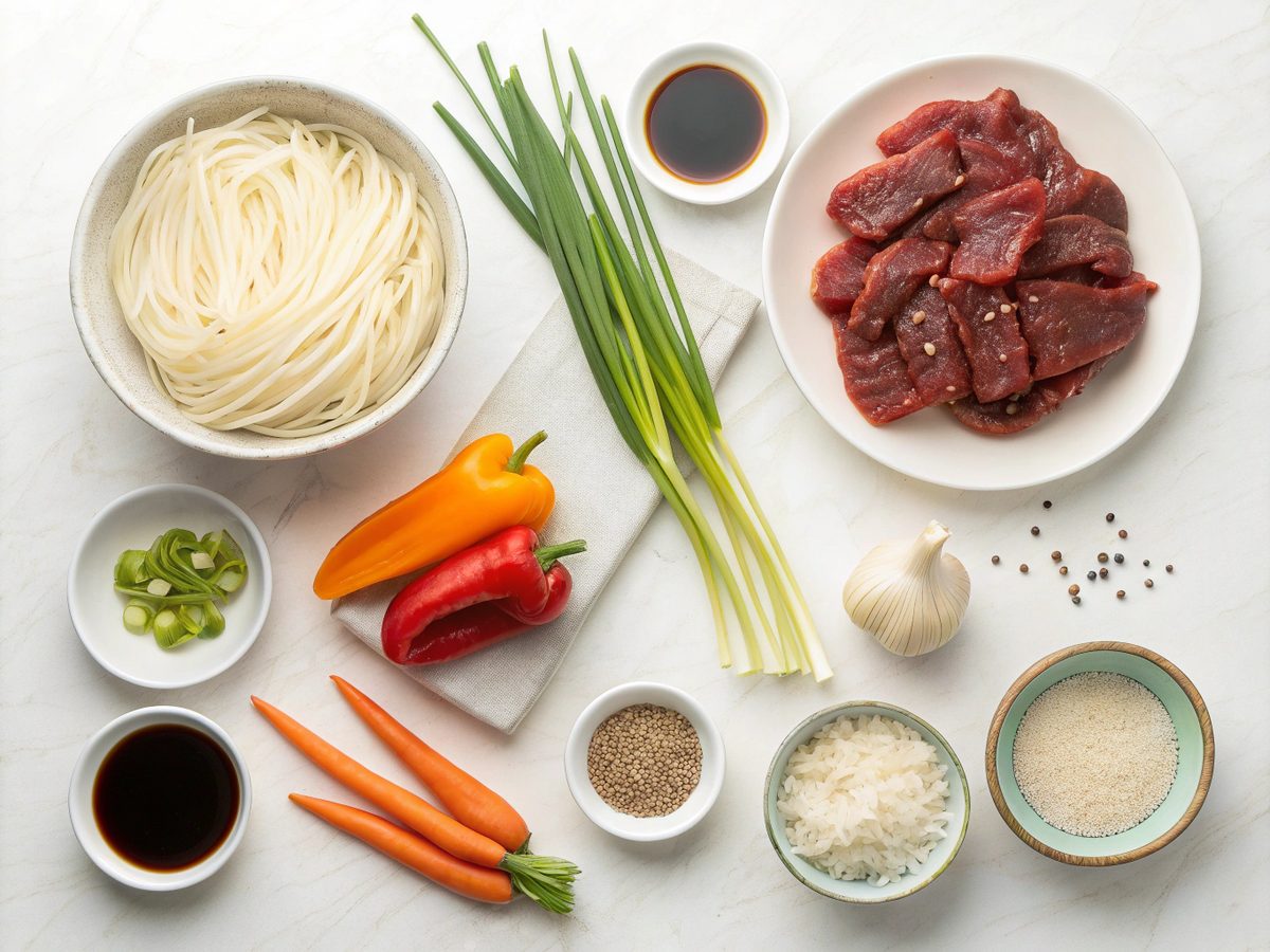 Ingredients for a flavorful sticky beef noodles recipe, including beef, vegetables, and sauces.