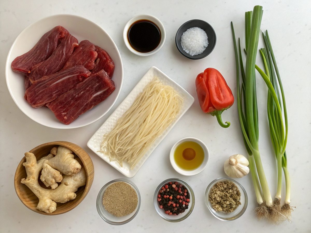 Ingredients for Sticky Beef Noodles Recipe including beef strips, noodles, and spices