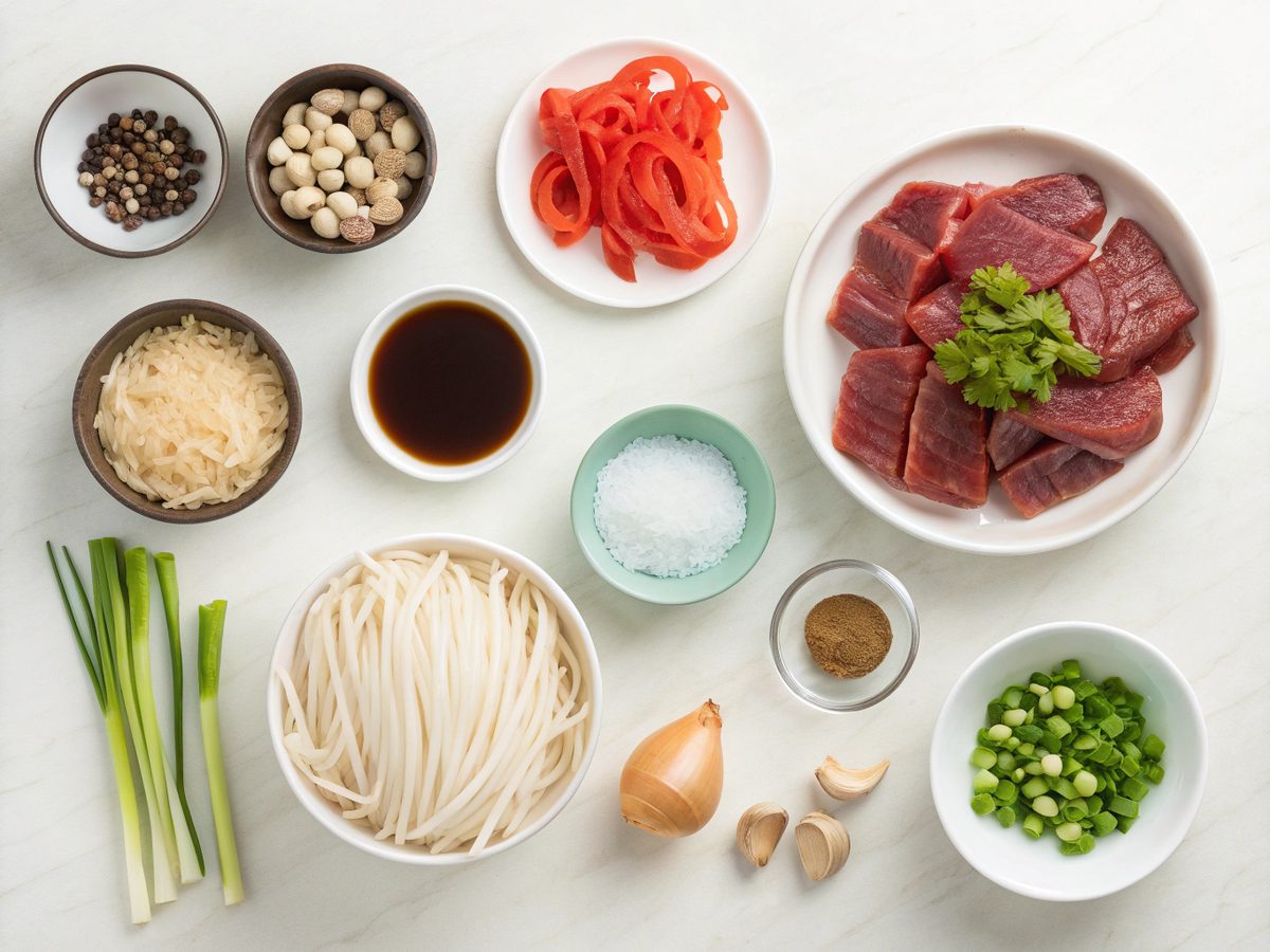 Ingredients for making a sticky beef noodles recipe, showing beef, noodles, and vegetables