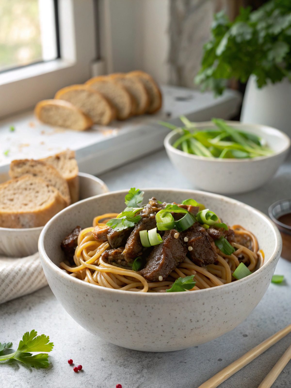 Sticky beef noodles with garnishes served in a ceramic bowl