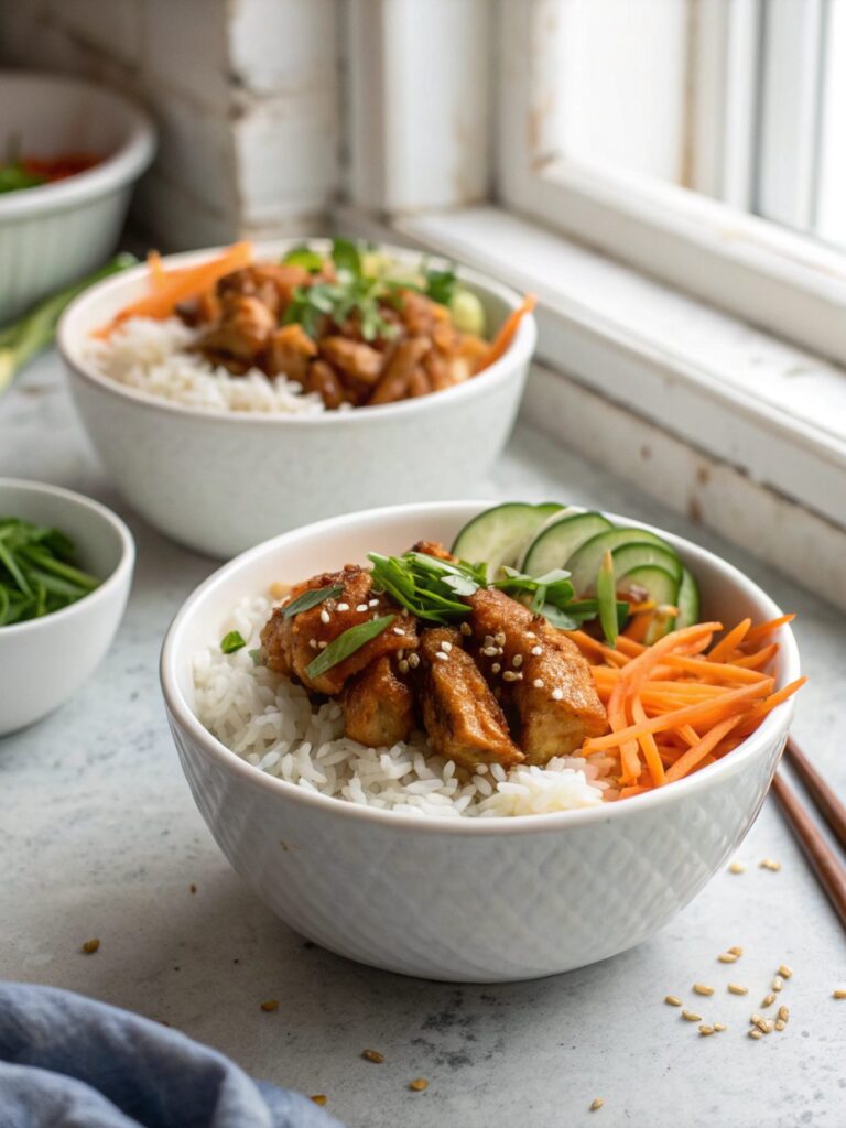 A mouth-watering photo of sticky chicken rice bowls served in a white bowl.
