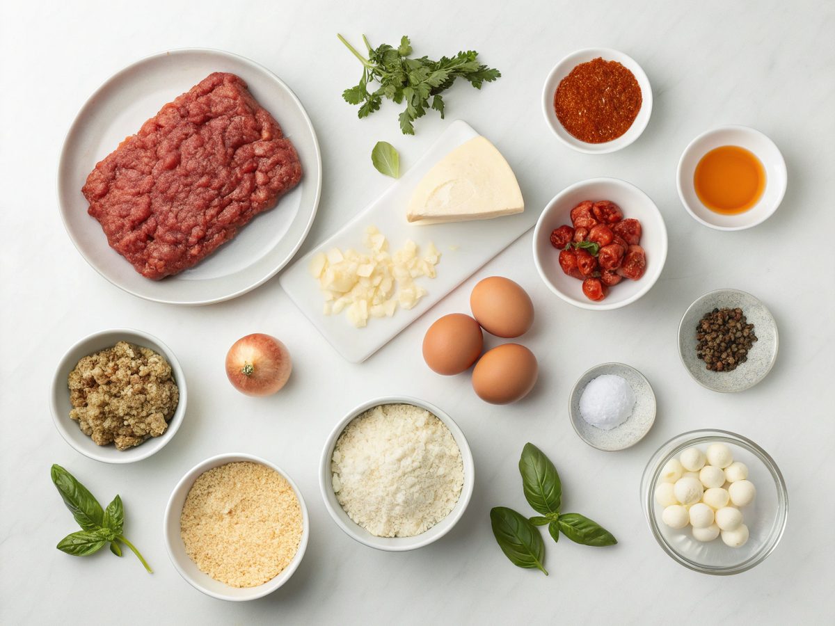 Detailed layout of ingredients for stuffed Italian meatloaf