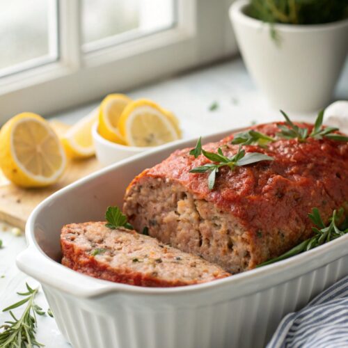 A perfectly baked stuffed Italian meatloaf, sliced and garnished