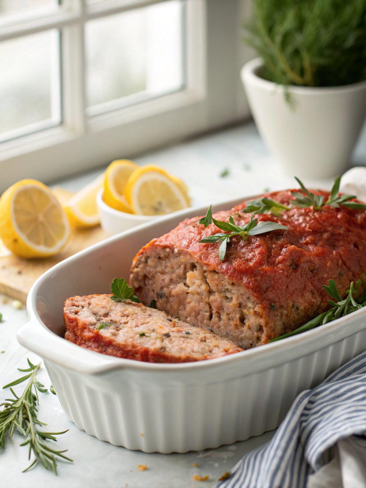 A perfectly baked stuffed Italian meatloaf, sliced and garnished