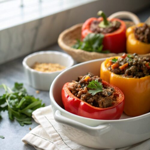 A delicious plate of stuffed peppers with ground beef, hot and ready to serve.