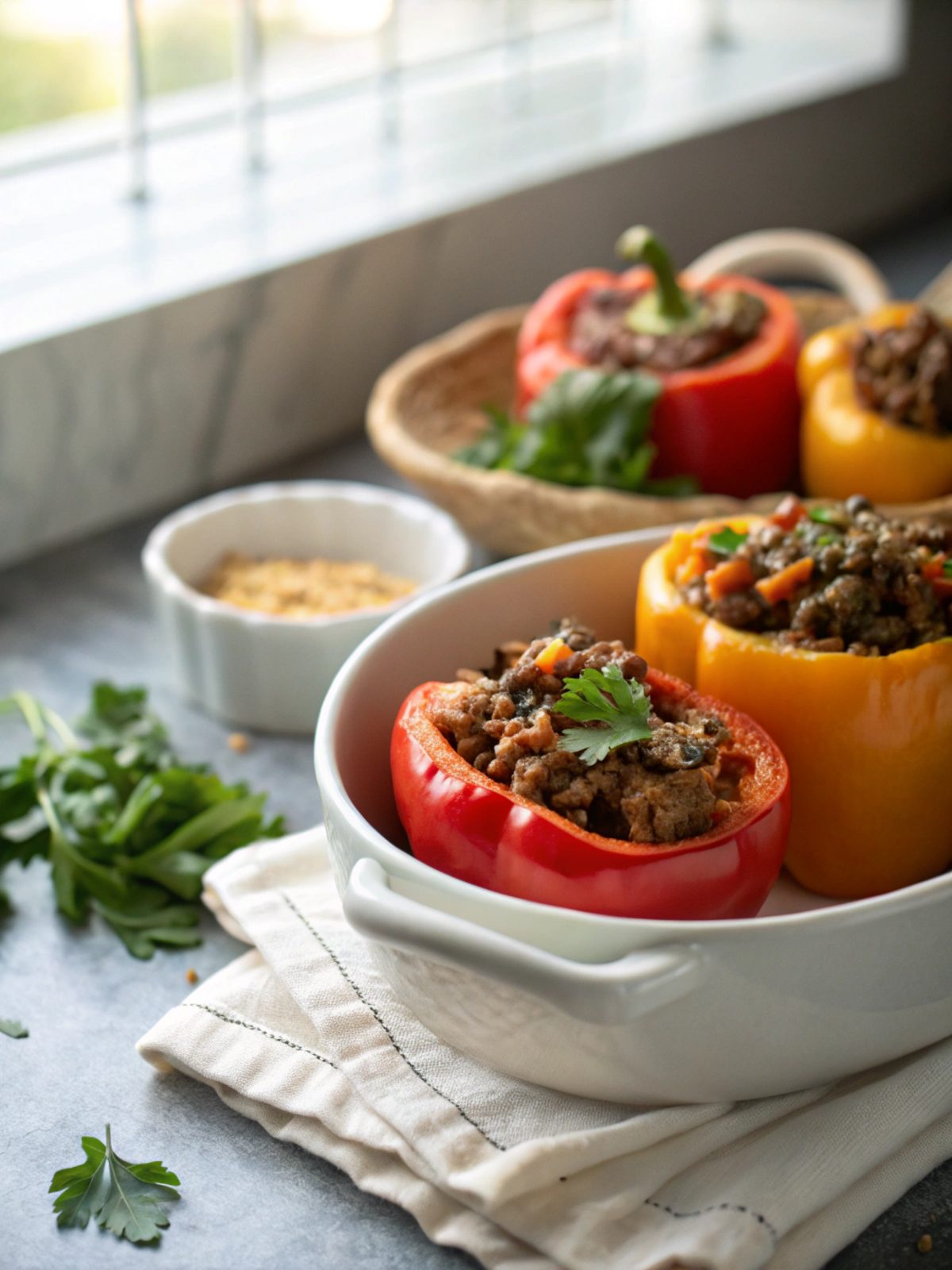 A delicious plate of stuffed peppers with ground beef, hot and ready to serve.