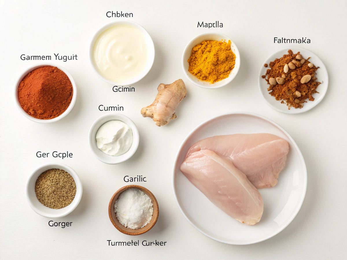Ingredients for Tandoori Chicken Skewers Recipe: Chicken, yogurt, and spices