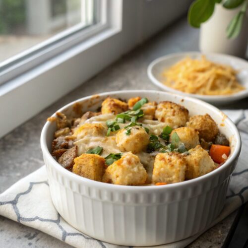 Ultimate tater tot casserole served piping hot with golden tater tots on top.