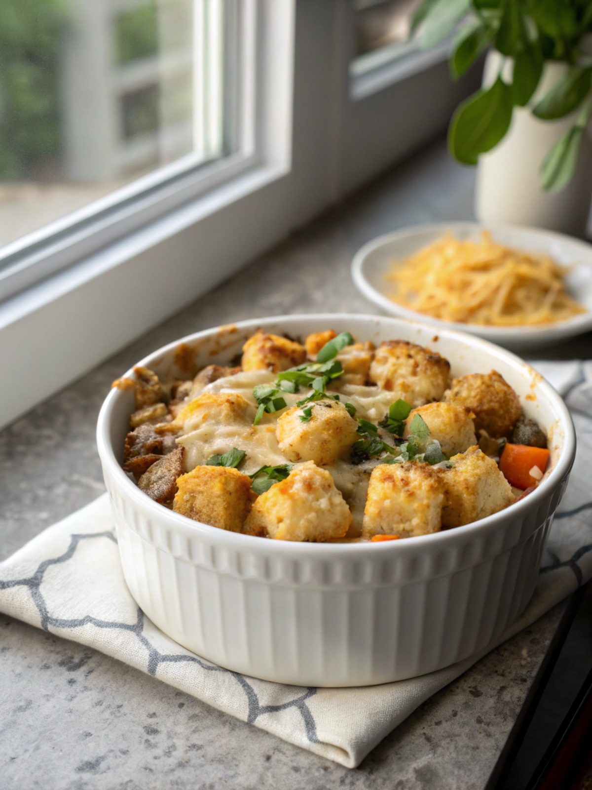 Ultimate tater tot casserole served piping hot with golden tater tots on top.