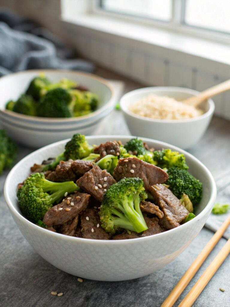 A delicious tender beef broccoli dish served in a modern bowl, showcasing vibrant colors.