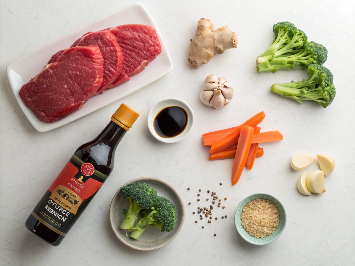 Flat lay of tenderloin stir fry ingredients including beef, soy sauce, vegetables.