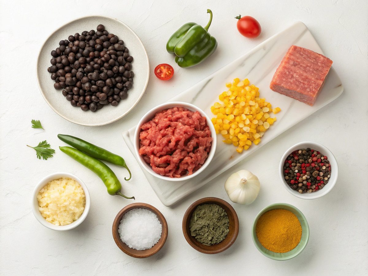 Flat lay of ingredients for Texas Tamale Pie Recipe, including beef and spices.