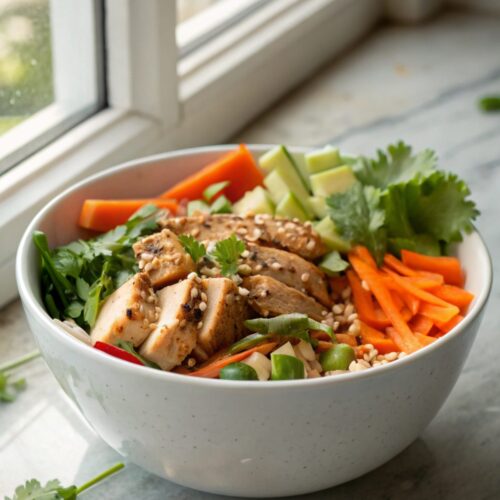 SEO-friendly alt text describes the Thai Peanut Chicken Buddha Bowl in detail, showcasing its vibrant colors and ingredients