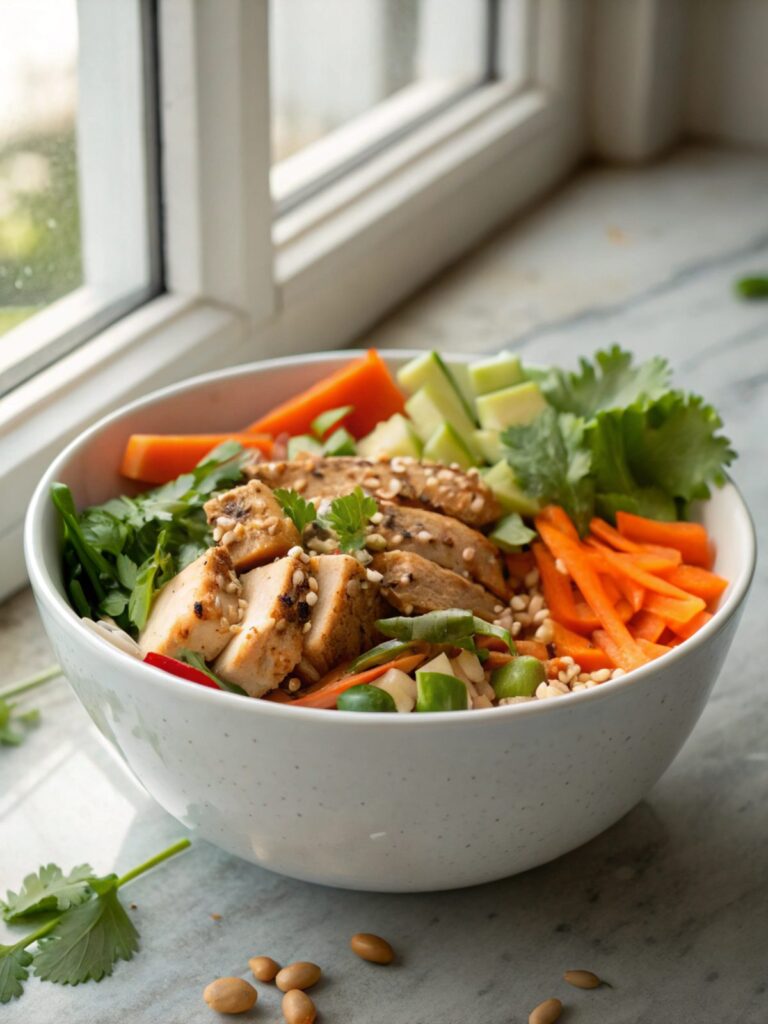 SEO-friendly alt text describes the Thai Peanut Chicken Buddha Bowl in detail, showcasing its vibrant colors and ingredients