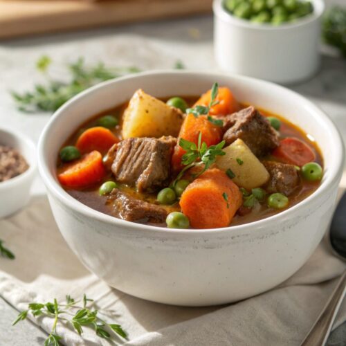 Old fashioned beef stew in a white ceramic bowl, showcasing its rich, hearty ingredients.