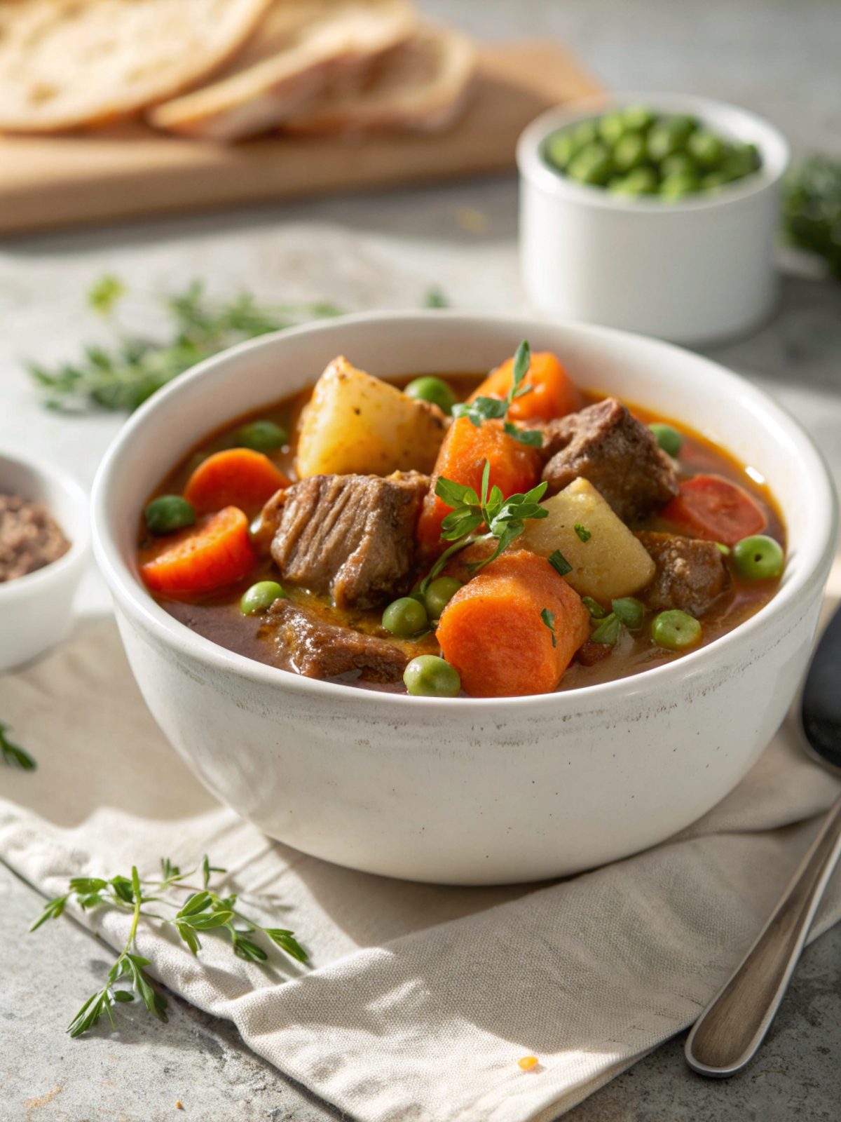 Old fashioned beef stew in a white ceramic bowl, showcasing its rich, hearty ingredients.