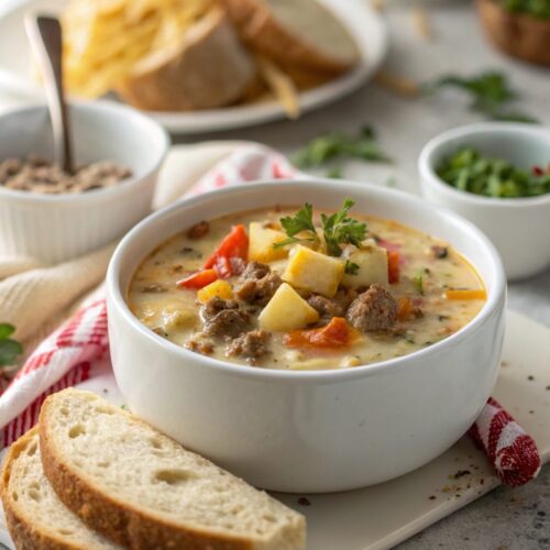 SEO-friendly alt text describing the featured image, including the cheesy hamburger potato soup