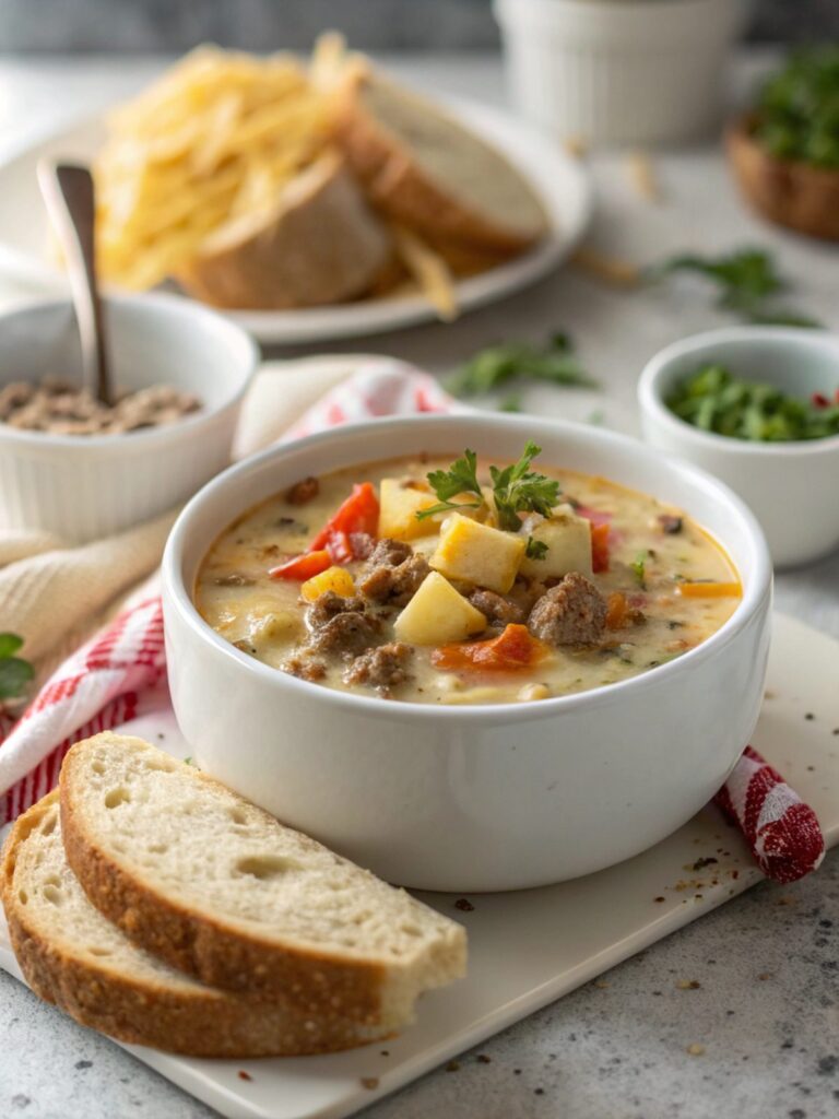 SEO-friendly alt text describing the featured image, including the cheesy hamburger potato soup