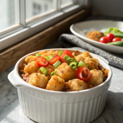 Featured image of make ahead tater tot casserole served hot and fresh.
